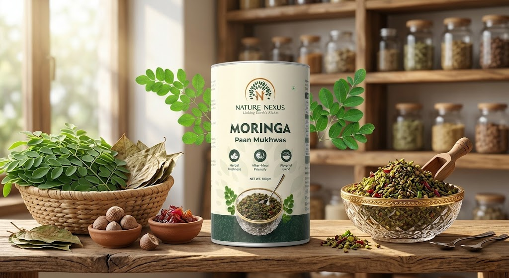 Nature Nexus Moringa Paan Mukhwas is a unique herbal mouth freshener crafted with the goodness of moringa and traditional paan-inspired ingredients.